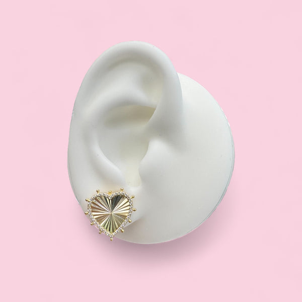 Diamond Cut Heart Earrings with CZ Halo and Ball Spikes - Gold or Silver