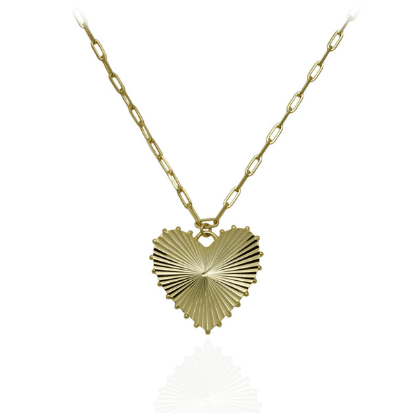 Gold Plated Ridged Large Diamond-Cut Heart Necklace With Paperclip Chain