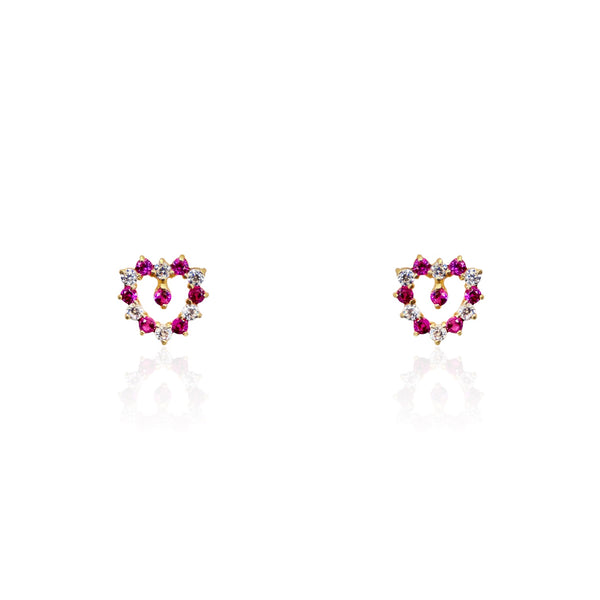14k Yellow Gold Open Heart Earrings With Alternating Pointy Pink and White CZ Stones
