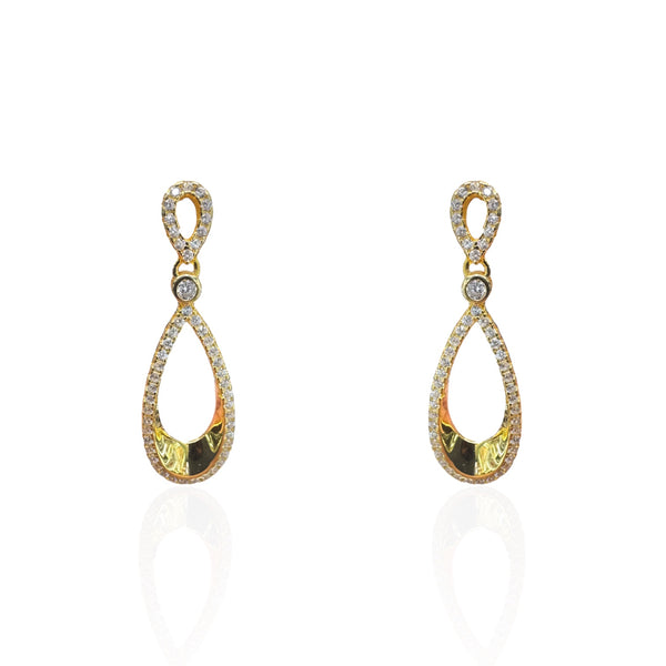 Gold Plated Double Open Teardrop Hanging Earring with Pave CZ Border