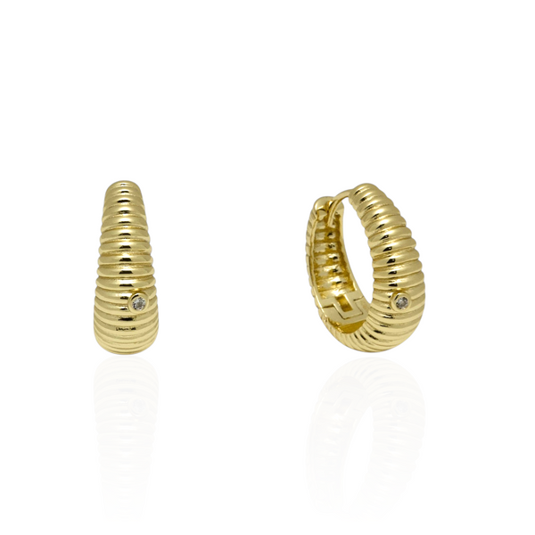 Gold Plated Scallop Wide Hoop Earring With One Bezel CZ Stone Accent