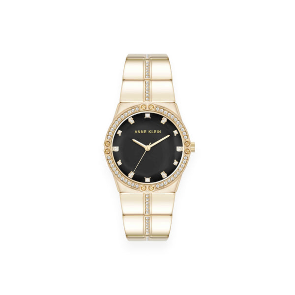Faceted Crystal Bezel Watch - Black / Gold-tone