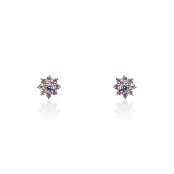 14K Yellow Gold Pink CZ Stone Pointed Flower Cluster Screwback Earring with White CZ Center