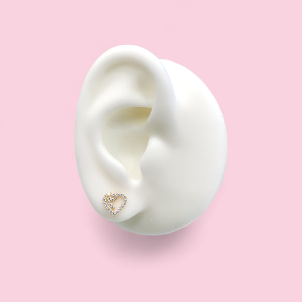 14k Gold Open Heart Earrings With CZ Border & Inner Partial CZ Accent