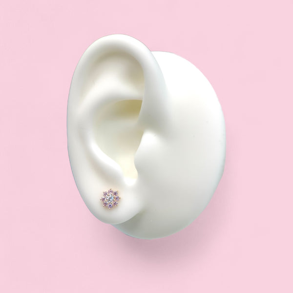 14K Yellow Gold Pink CZ Stone Pointed Flower Cluster Screwback Earring with White CZ Center
