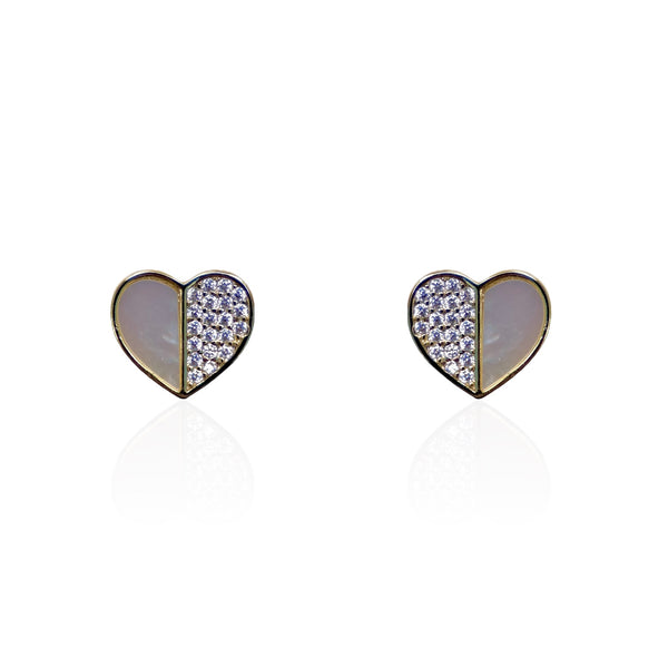 Gold Plated Heart Earring with Half Mother of Pearl & Half Pave CZ Stones