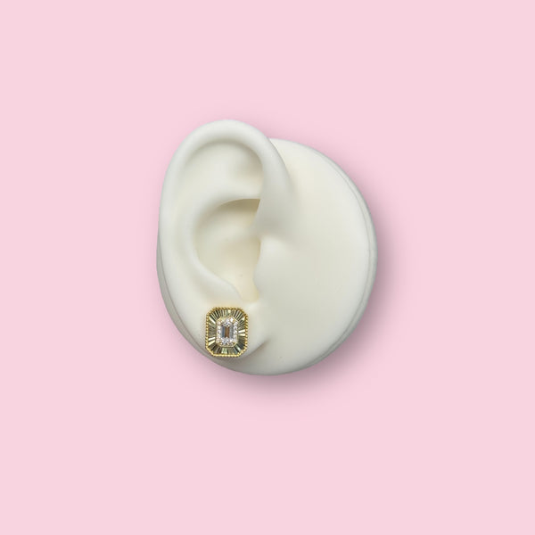 Gold Plated Diamond Cut Rectangle Earring with Clear CZ Rectangular Center Stone & CZ Halo