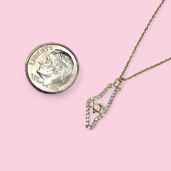 Gold Plated Small Map of Israel Necklace with CZ Stone Border and Jewish Star Center
