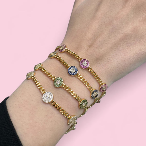 Gold Plated Cuban Link Bracelet with 5 Round CZ Stone Tablets