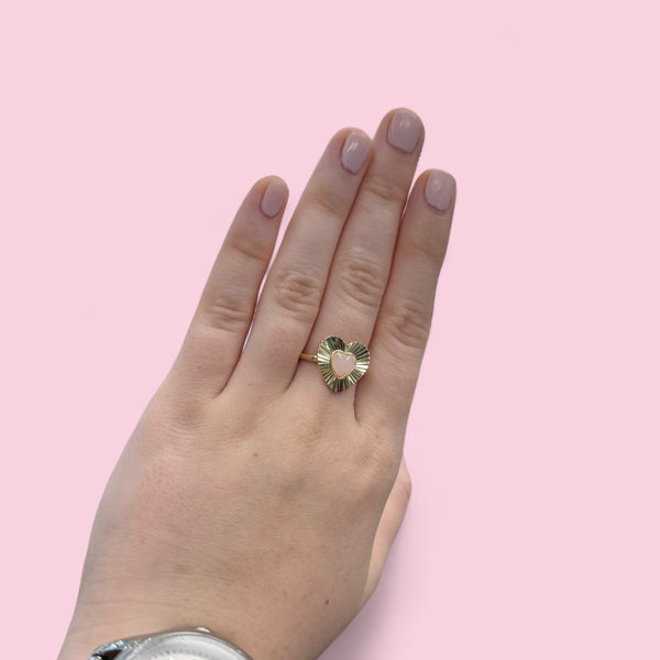 Gold Plated Ruffle Heart Ring With Rose Quartz Center