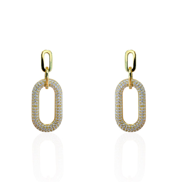 Gold Plated Paperclip Style Earrings With Large Hanging Pave CZ Paperclip
