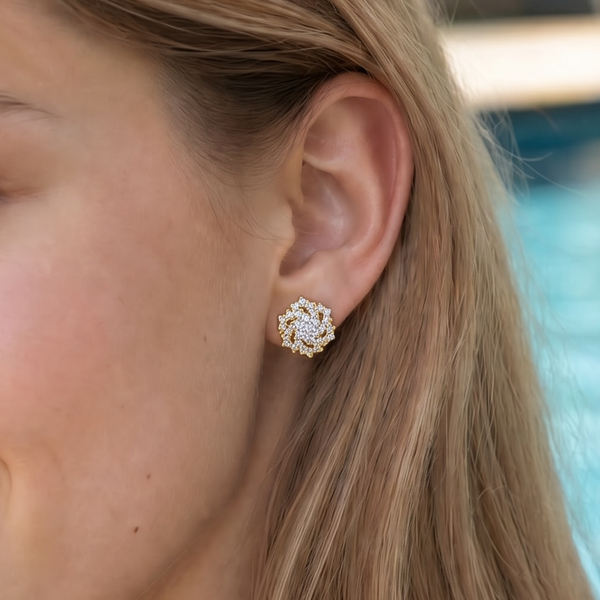 Gold Plated Stud Earrings with Pointed Flower Cluster with Outer Spiraling CZ Halo