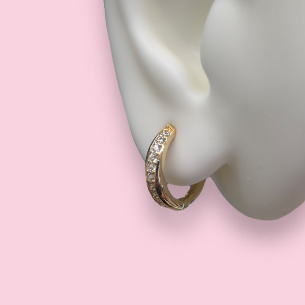 14K Yellow Gold Pave Row Huggie Earrings with a Twist