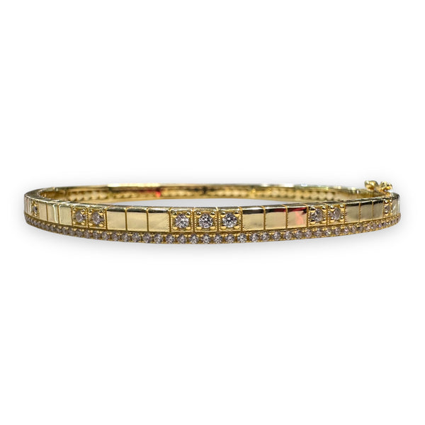 Bangle with CZs & Box Design and CZ Border On one Side - Gold or Silver