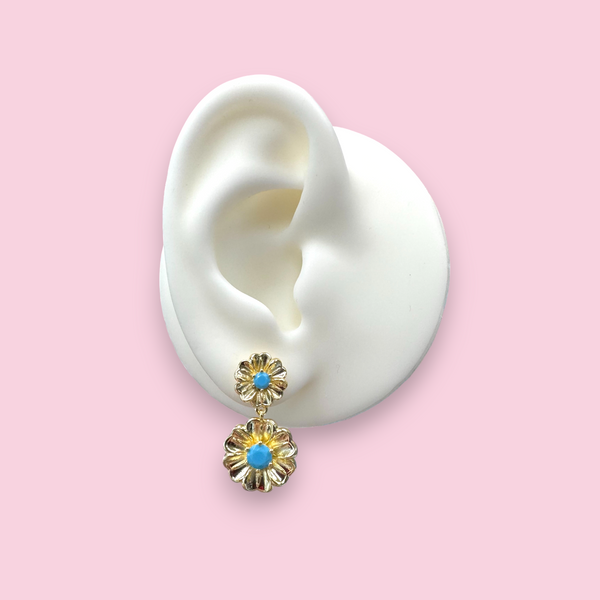Gold Plated Double Hanging Flower Earrings with Turquoise Center