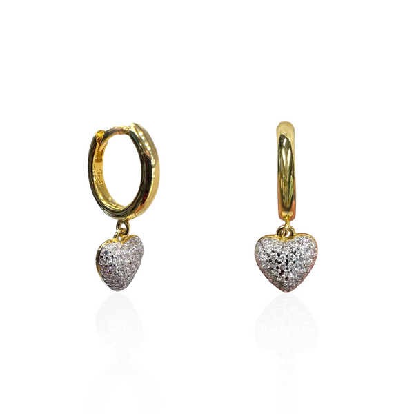 Gold Plated Shiny Huggie Earrings with Pave 2 Tone Dangle Heart