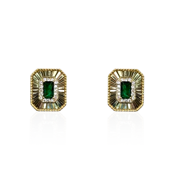 Gold Plated Diamond Cut Rectangle Earring with Emerald Rectangular CZ Center Stone & CZ Halo