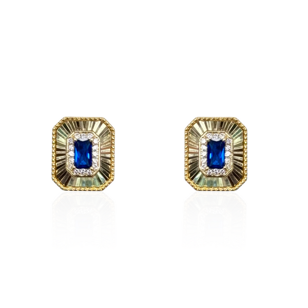 Gold Plated Diamond Cut Rectangle Earring with Sapphire Rectangular CZ Center Stone & CZ Halo
