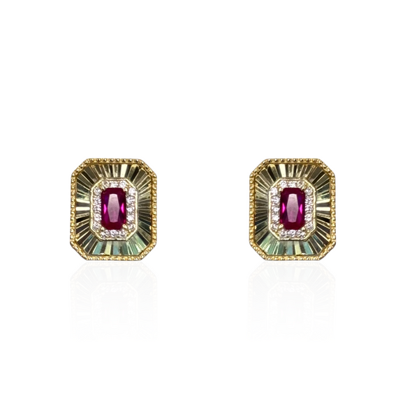 Gold Plated Diamond Cut Rectangle Earring with Ruby Rectangular CZ Center Stone & CZ Halo