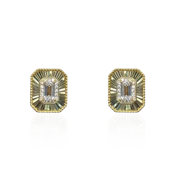 Gold Plated Diamond Cut Rectangle Earring with Clear CZ Rectangular Center Stone & CZ Halo