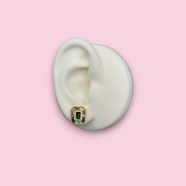 Gold Plated Diamond Cut Rectangle Earring with Emerald Rectangular CZ Center Stone & CZ Halo