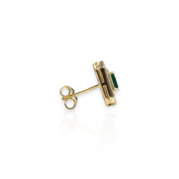 Gold Plated Diamond Cut Rectangle Earring with Emerald Rectangular CZ Center Stone & CZ Halo
