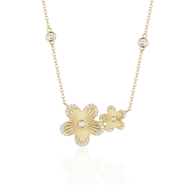 Gold Plated Double Ridged Flower Necklace with CZ Tips and Center