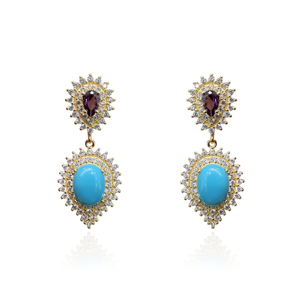 Gold Plated Turquoise and Amethyst CZ Drop Dressy Earrings