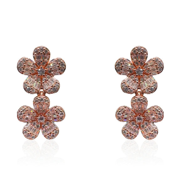 Double Hanging Flower Earrings With Baguette CZ Stones - Multiple Colors Available