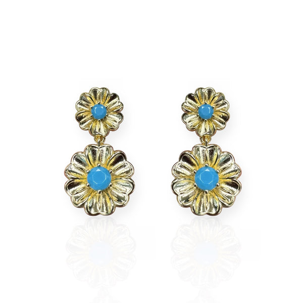 Gold Plated Double Hanging Flower Earrings with Turquoise Center