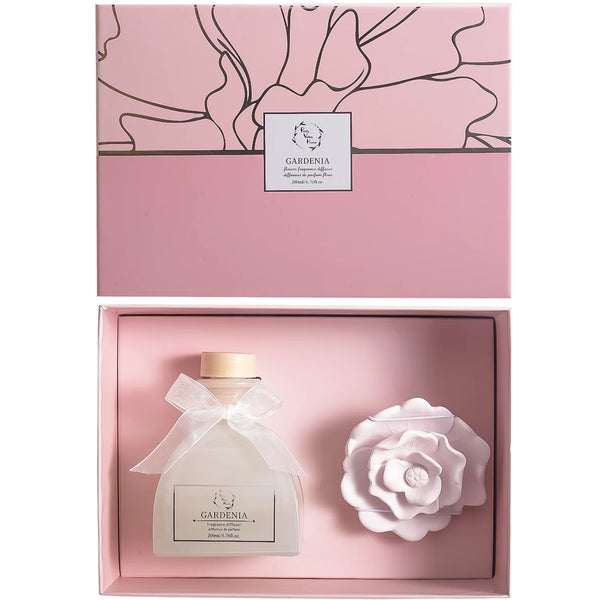 Pink Sunshine Rose Gardenia Ceramic Flower Diffuser in 200ml Frosted Bottle - Gift Box