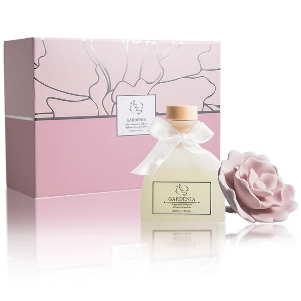 Pink Sunshine Rose Gardenia Ceramic Flower Diffuser in 200ml Frosted Bottle - Gift Box