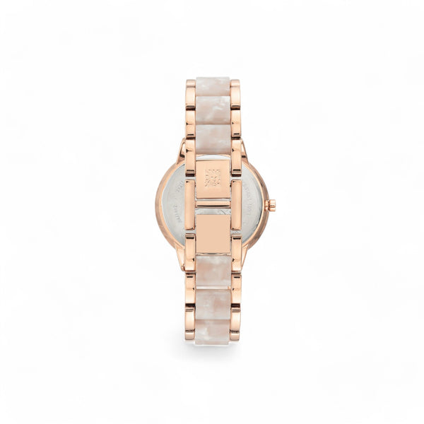 Marbleized Resin Bracelet Watch - White & Rose Gold-tone
