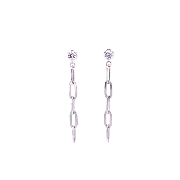 CZ Stud with Dangling Paperclip Link Earrings Silver Itsallagift