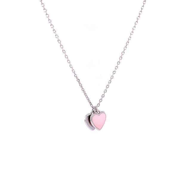 Double Hanging Pink Heart Enamel Necklace Silver Itsallagift