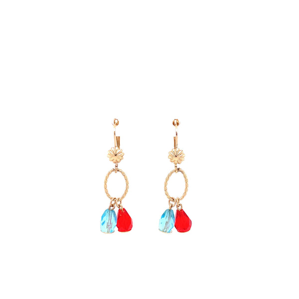 Hanging Double Oval Red and Blue Stone Gold Earrings Itsallagift