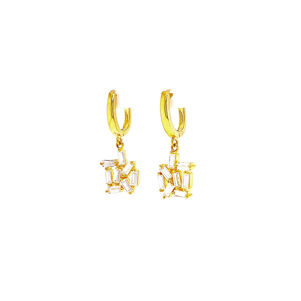 Huggie Earrings With Dangling Abstract Baguette Hanging Design Gold Itsallagift