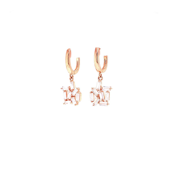 Huggie Earrings With Dangling Abstract Baguette Hanging Design Rose Gold Itsallagift