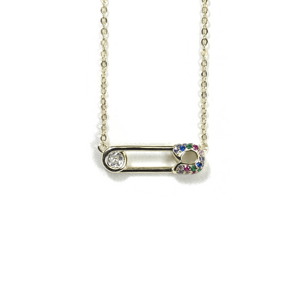 Safety Pin Necklace With Rainbow CZ Stones Itsallagift