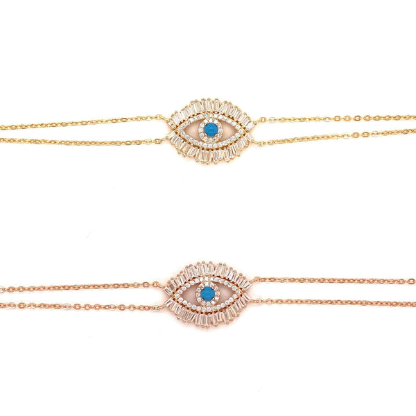 Italian Eye Bracelet With CZ Baguette Border And Turquoise Center Stone Itsallagift