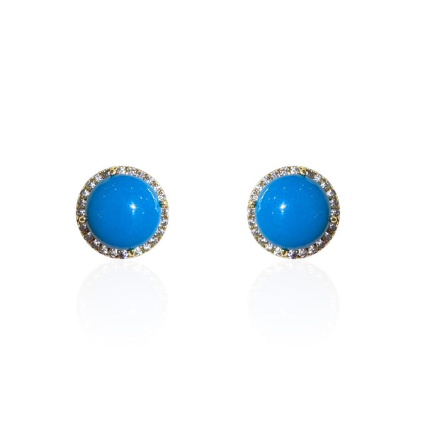 Gold Plated round Turquoise Stud Earring with CZ Halo