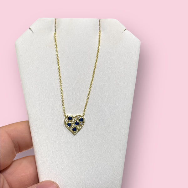 Gold Plated Necklace With Blue CZ Heart Shaped Stones & White CZs in Gold Shape