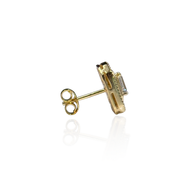Gold Plated Diamond Cut Rectangle Earring with Clear CZ Rectangular Center Stone & CZ Halo
