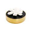 Gold Hemispheric Shaped Diffuser with Black Lid and Flat White Ceramic Flower - Iris & Rose Scent